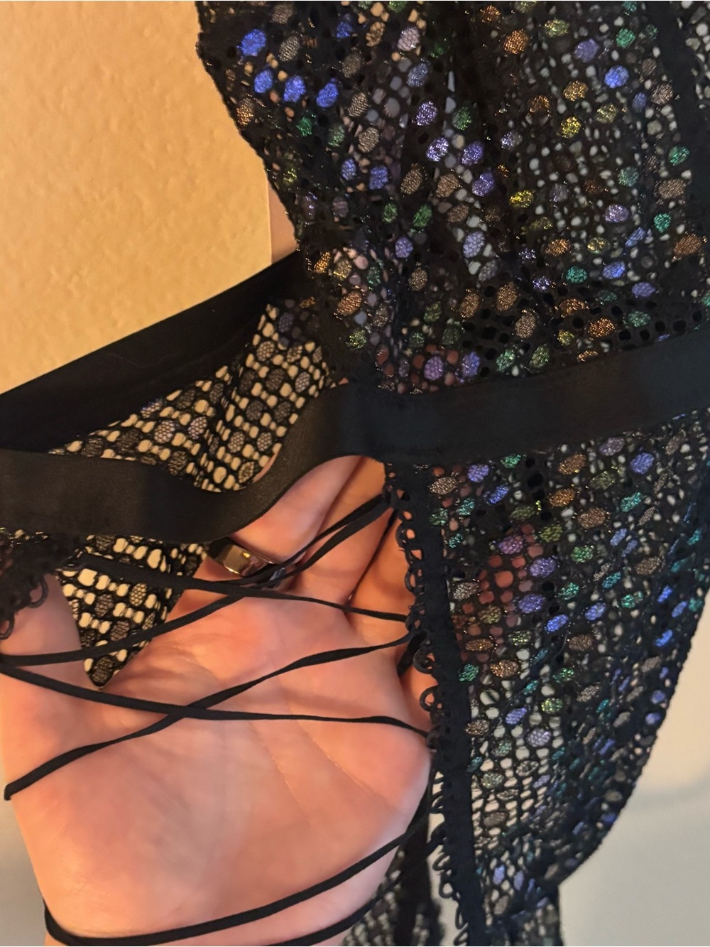 NWT Savage X Fenty Rihanna Black Metallic Lace-Up Teddy Large - Picture 5 of 12